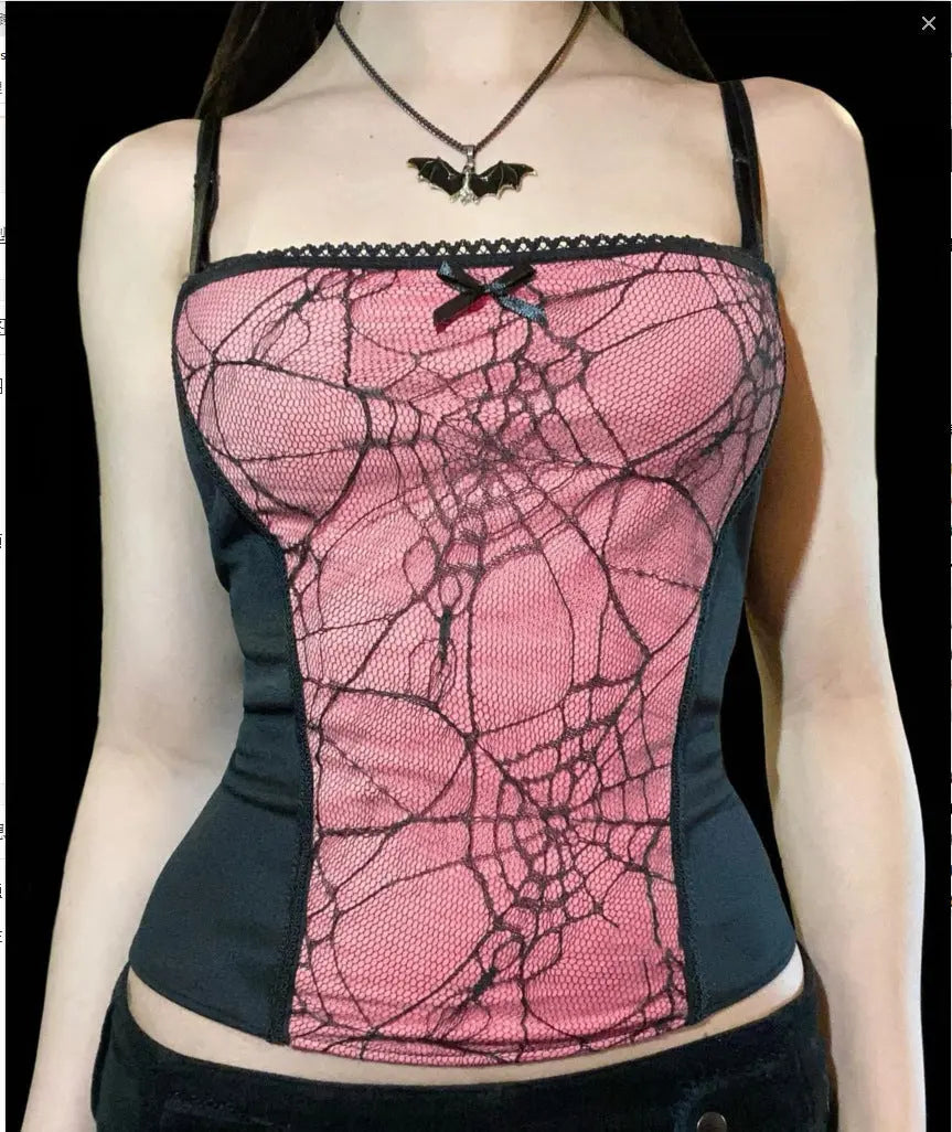 Gothic Cami Tops Y2K Aesthetic Grunge Mall Goth Crop Top Mesh Spider Net Lace Tank Lace Top E-girl Harajuku Slim Tees - Tophatter Daily Deals