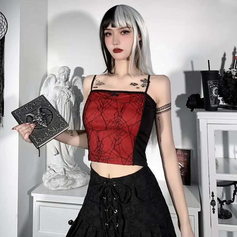 Gothic Cami Tops Y2K Aesthetic Grunge Mall Goth Crop Top Mesh Spider Net Lace Tank Lace Top E-girl Harajuku Slim Tees - Tophatter Daily Deals