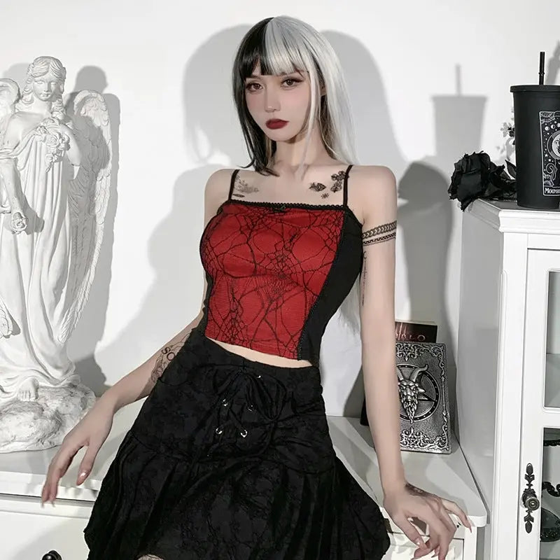 Gothic Cami Tops Y2K Aesthetic Grunge Mall Goth Crop Top Mesh Spider Net Lace Tank Lace Top E-girl Harajuku Slim Tees - Tophatter Daily Deals