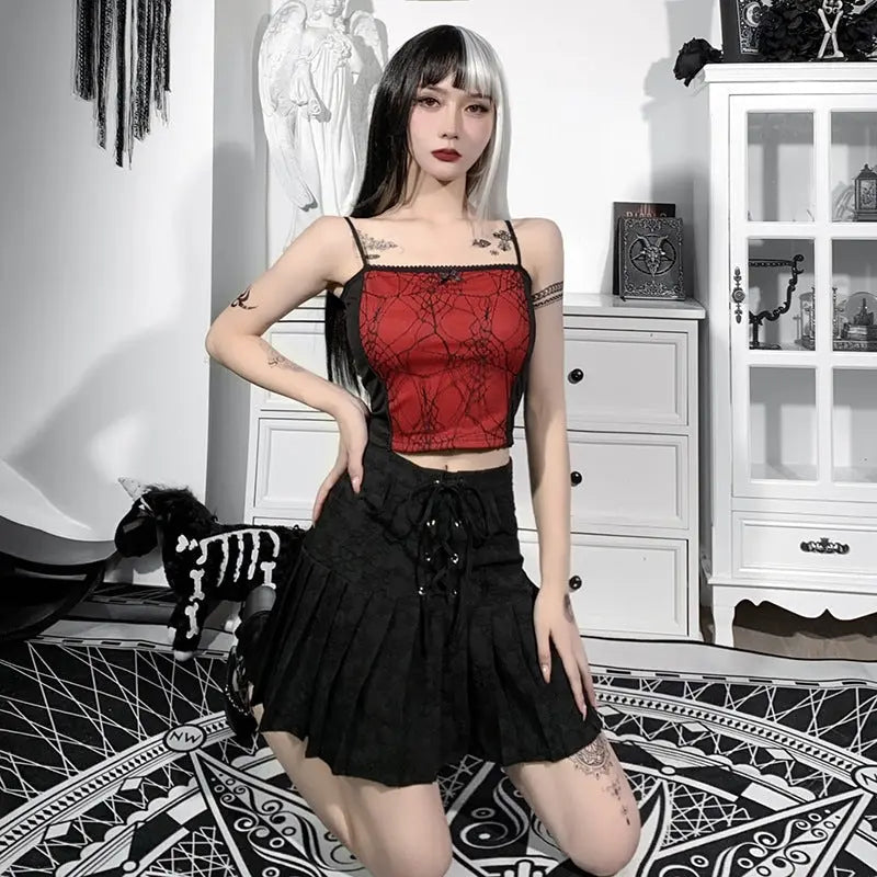 Gothic Cami Tops Y2K Aesthetic Grunge Mall Goth Crop Top Mesh Spider Net Lace Tank Lace Top E-girl Harajuku Slim Tees - Tophatter Daily Deals