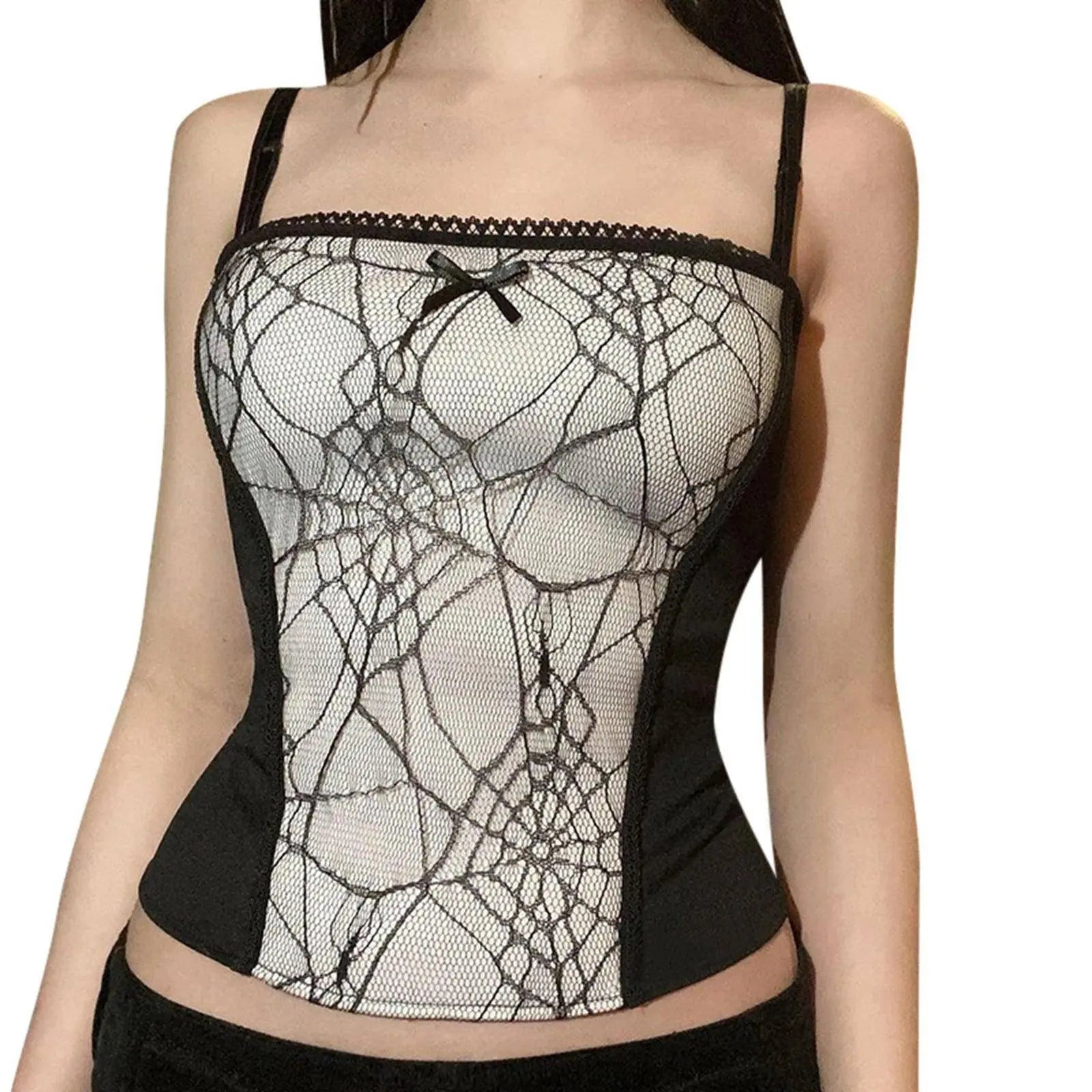 Gothic Cami Tops Y2K Aesthetic Grunge Mall Goth Crop Top Mesh Spider Net Lace Tank Lace Top E-girl Harajuku Slim Tees - Tophatter Daily Deals