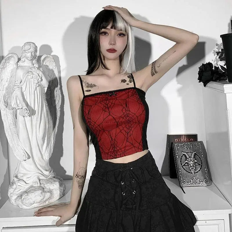 Gothic Cami Tops Y2K Aesthetic Grunge Mall Goth Crop Top Mesh Spider Net Lace Tank Lace Top E-girl Harajuku Slim Tees - Tophatter Daily Deals