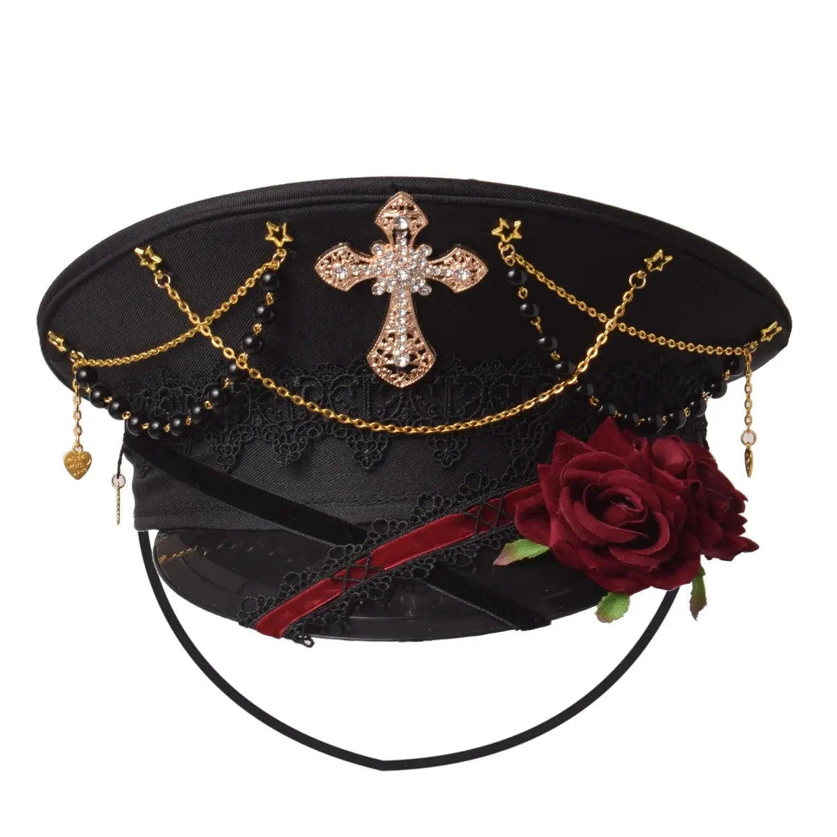 Gothic Lolita Military Hat Cap for Women Female Black Cross Sailor Captain Flat Steampunk Hats - Tophatter Daily Deals