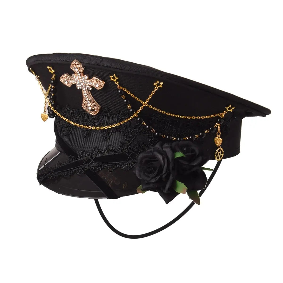 Gothic Lolita Military Hat Cap for Women Female Black Cross Sailor Captain Flat Steampunk Hats - Tophatter Daily Deals