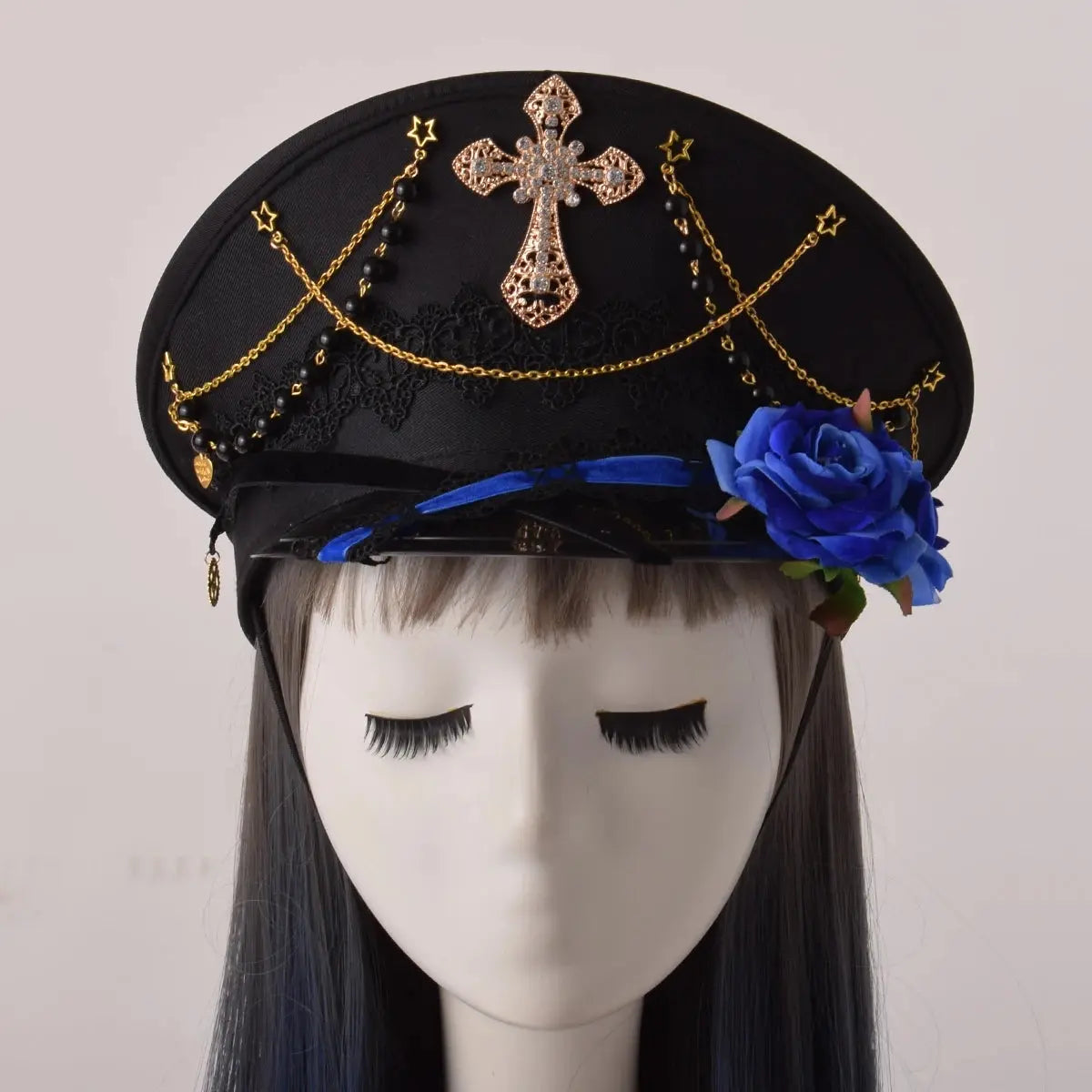 Gothic Lolita Military Hat Cap for Women Female Black Cross Sailor Captain Flat Steampunk Hats - Tophatter Daily Deals