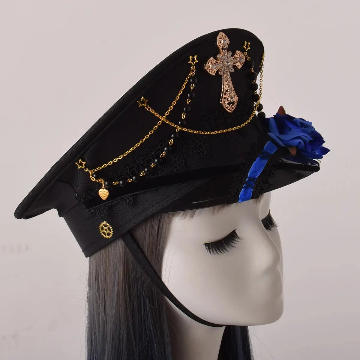 Gothic Lolita Military Hat Cap for Women Female Black Cross Sailor Captain Flat Steampunk Hats - Tophatter Daily Deals