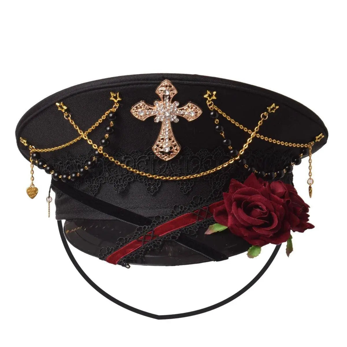 Gothic Lolita Military Hat Cap for Women Female Black Cross Sailor Captain Flat Steampunk Hats - Tophatter Daily Deals