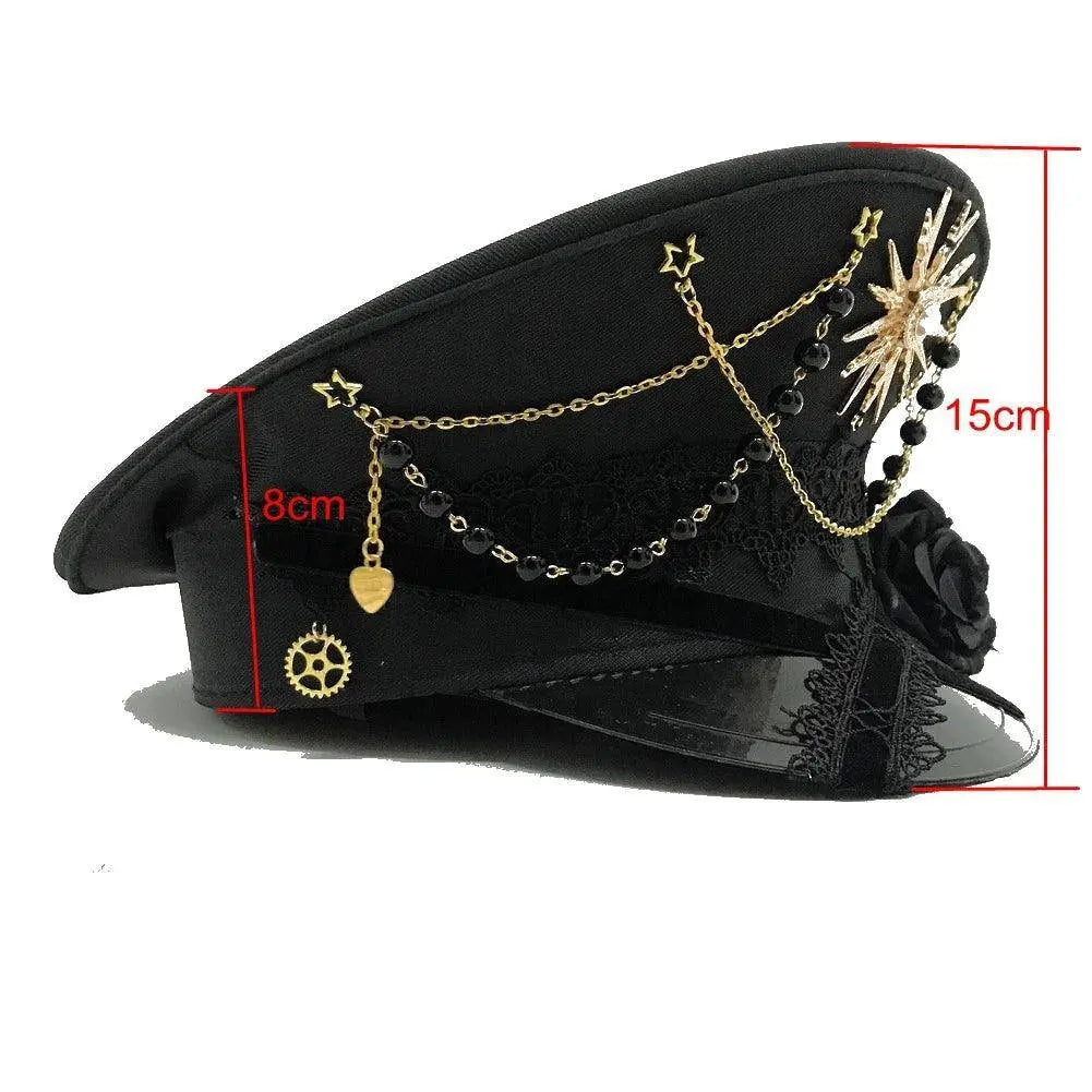 Gothic Lolita Military Hat Cap for Women Female Black Cross Sailor Captain Flat Steampunk Hats - Tophatter Daily Deals