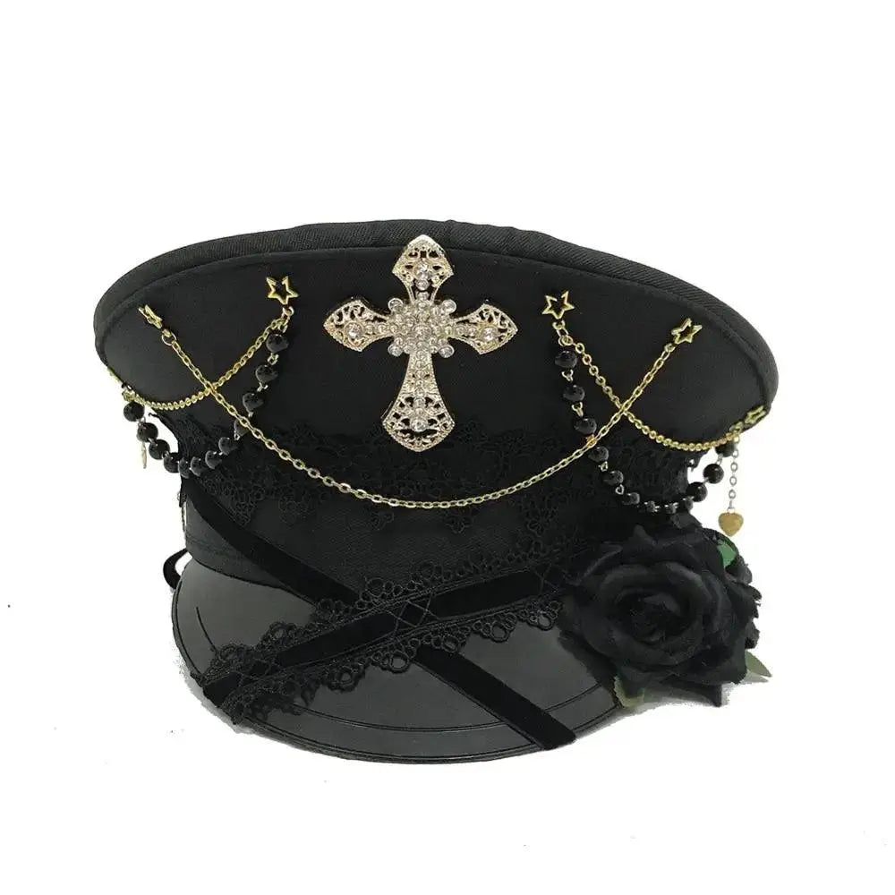 Gothic Lolita Military Hat Cap for Women Female Black Cross Sailor Captain Flat Steampunk Hats black 57cm Head CHINA - Tophatter Daily Deals