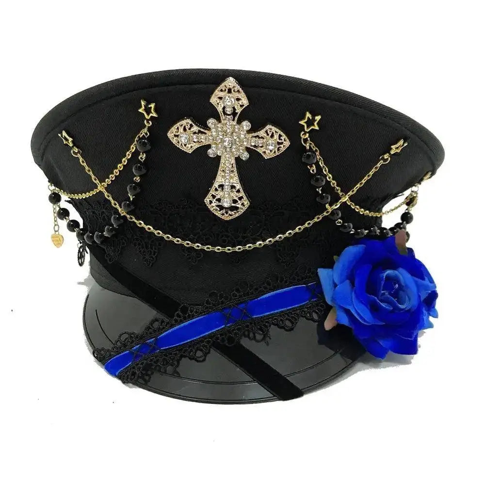 Gothic Lolita Military Hat Cap for Women Female Black Cross Sailor Captain Flat Steampunk Hats Blue 57cm Head CHINA - Tophatter Daily Deals
