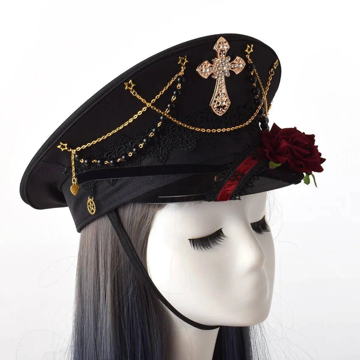 Gothic Lolita Military Hat Cap for Women Female Black Cross Sailor Captain Flat Steampunk Hats - Tophatter Daily Deals