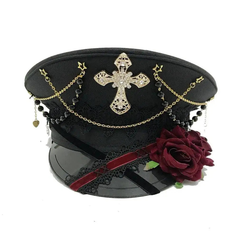 Gothic Lolita Military Hat Cap for Women Female Black Cross Sailor Captain Flat Steampunk Hats Red 57cm Head CHINA - Tophatter Daily Deals