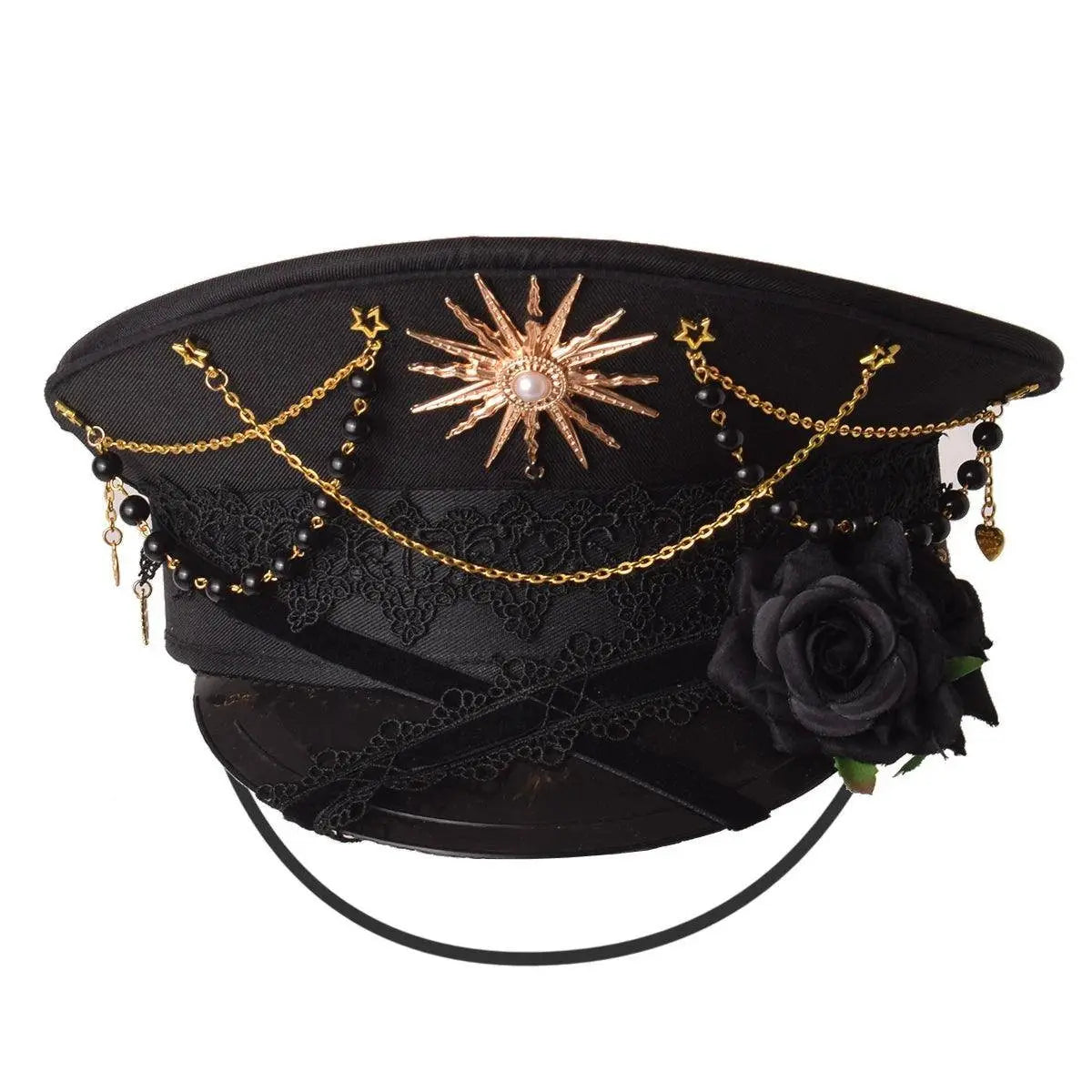Gothic Lolita Military Hat Cap for Women Female Black Cross Sailor Captain Flat Steampunk Hats Black B 57cm Head CHINA - Tophatter Daily Deals