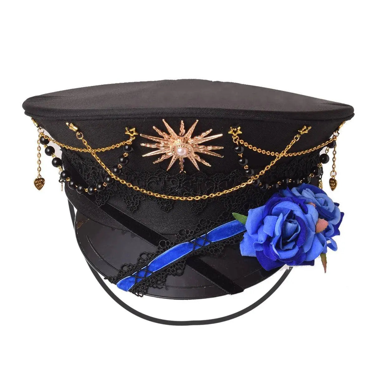 Gothic Lolita Military Hat Cap for Women Female Black Cross Sailor Captain Flat Steampunk Hats BLUE B 57cm Head CHINA - Tophatter Daily Deals