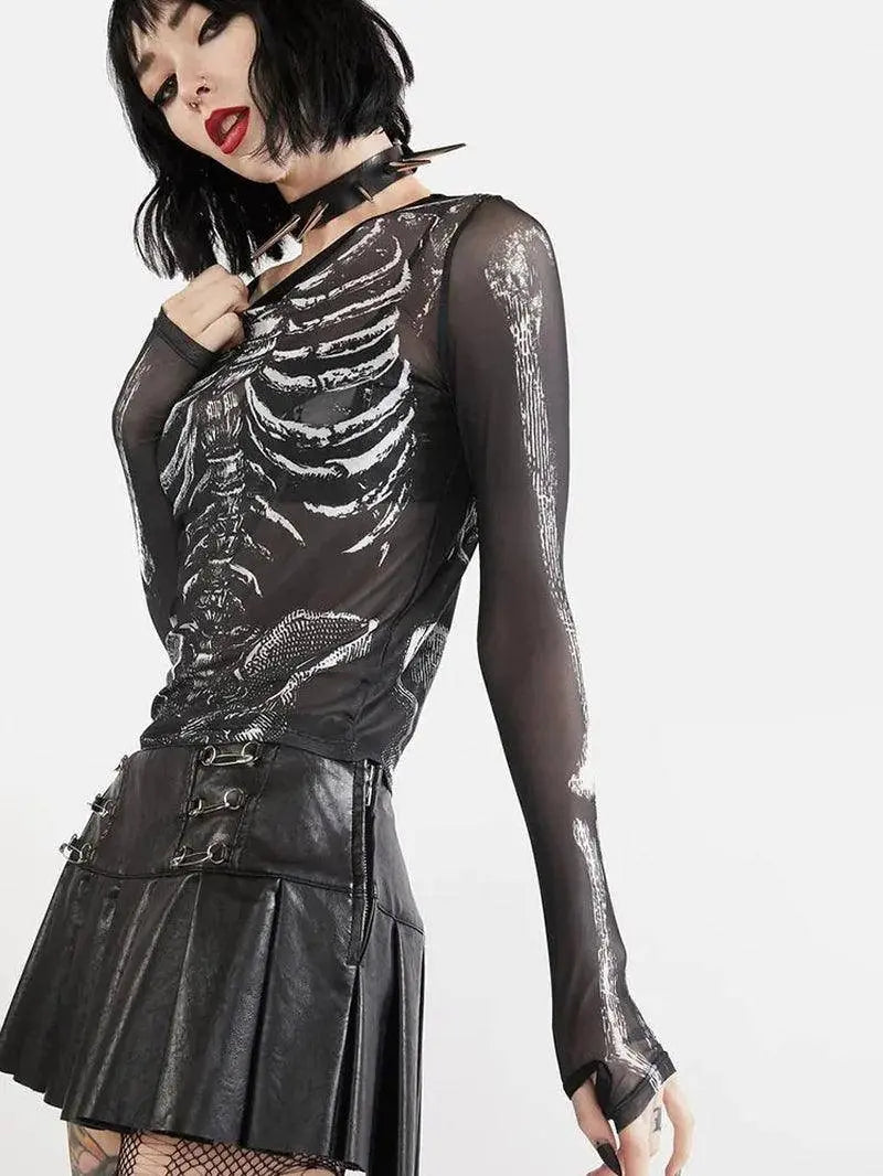 Gothic Punk Shirt 2000S Women Skeleton Pattern round Neck Long Sleeve Crop Top - Tophatter Daily Deals