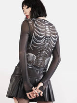 Gothic Punk Shirt 2000S Women Skeleton Pattern round Neck Long Sleeve Crop Top - Tophatter Daily Deals