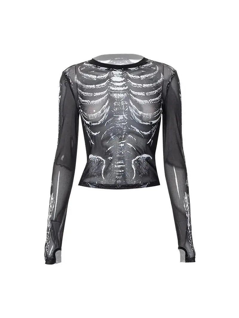 Gothic Punk Shirt 2000S Women Skeleton Pattern round Neck Long Sleeve Crop Top - Tophatter Daily Deals