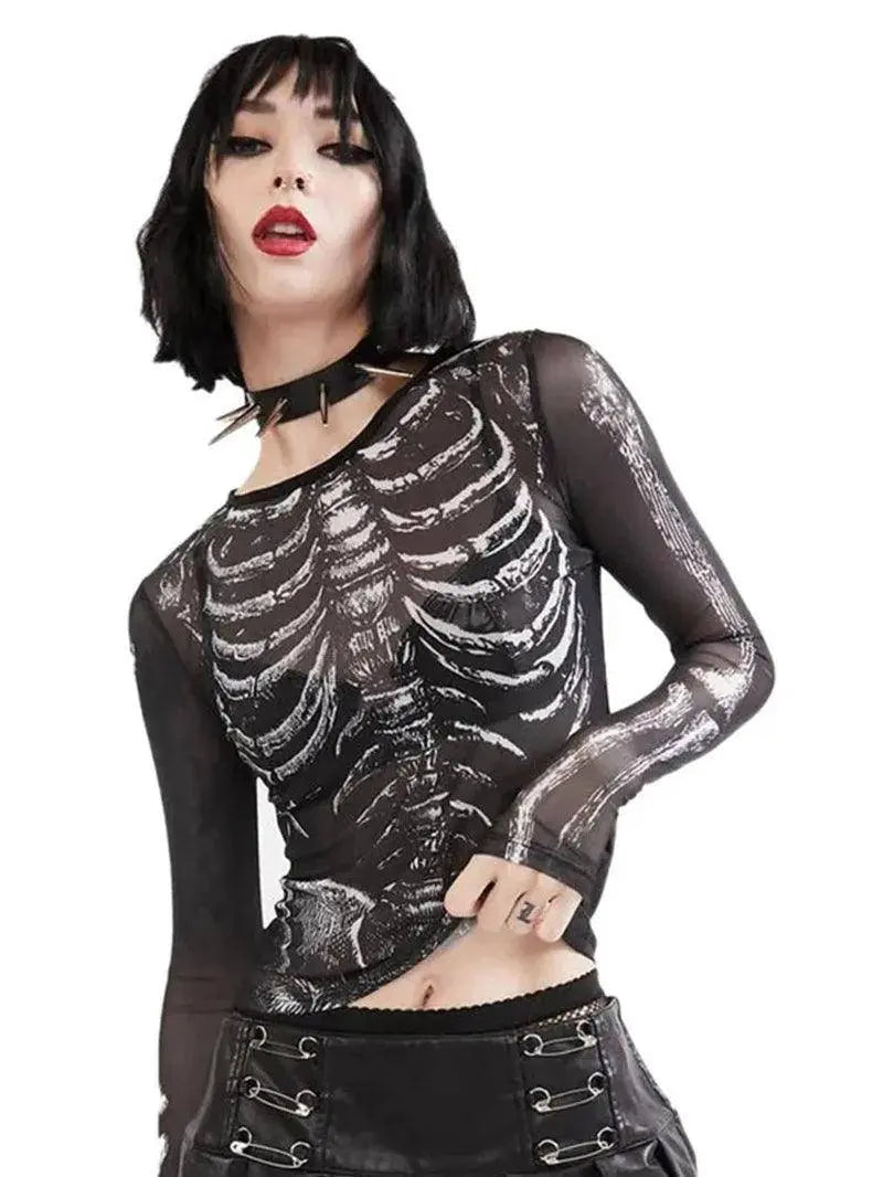 Gothic Punk Shirt 2000S Women Skeleton Pattern round Neck Long Sleeve Crop Top - Tophatter Daily Deals