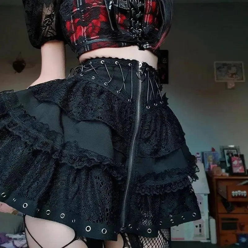 Gothic Skater Punk Vintage High Wasit Skirt Women's Zipper Front Japanese Style Kawaii Black Harajuku Cosplay Mini Skirts - Tophatter Daily Deals