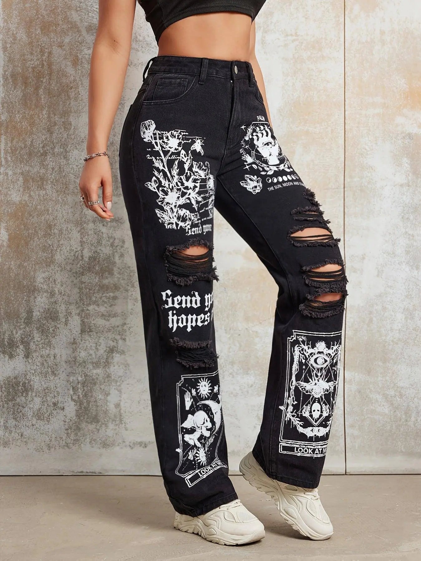 Gothic Skeleton Letter Moon Print Jeans, Ripped High Rise Straight Leg Punk Y2K Streetwear Denim Pants, Women's Denim Jeans & Clothing - Tophatter Daily Deals