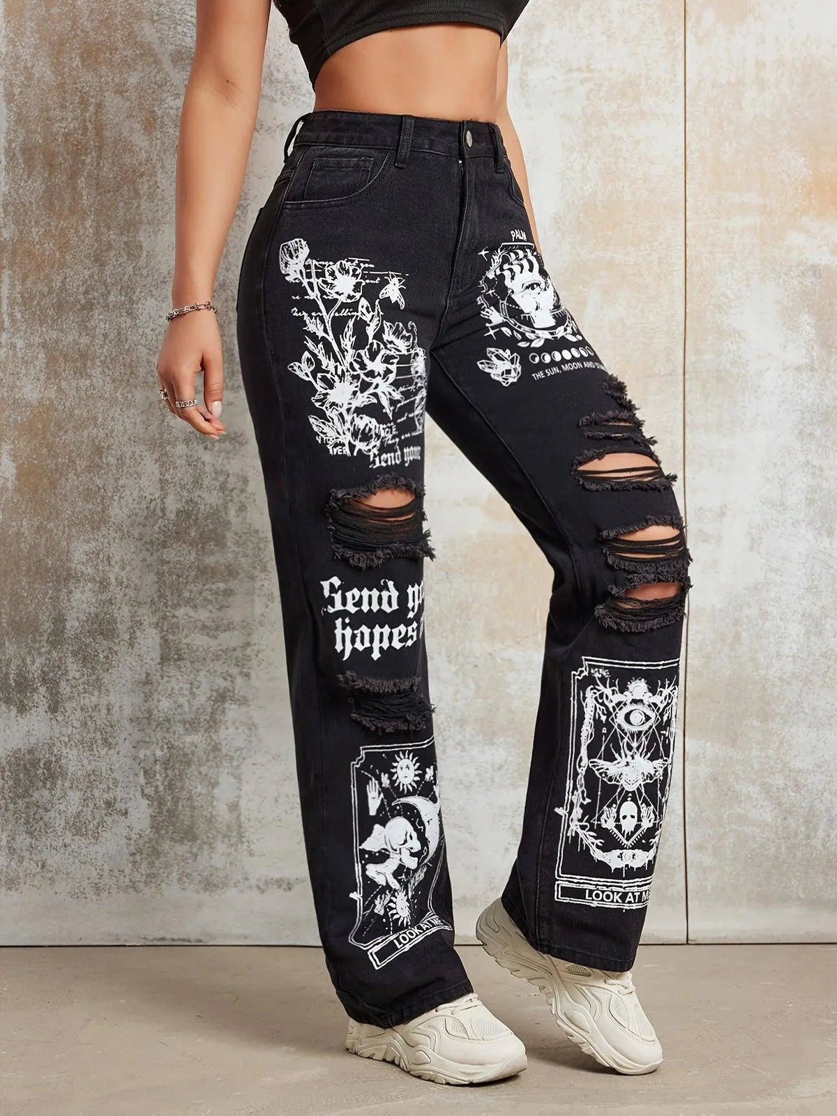 Gothic Skeleton Letter Moon Print Jeans, Ripped High Rise Straight Leg Punk Y2K Streetwear Denim Pants, Women's Denim Jeans & Clothing - Tophatter Daily Deals