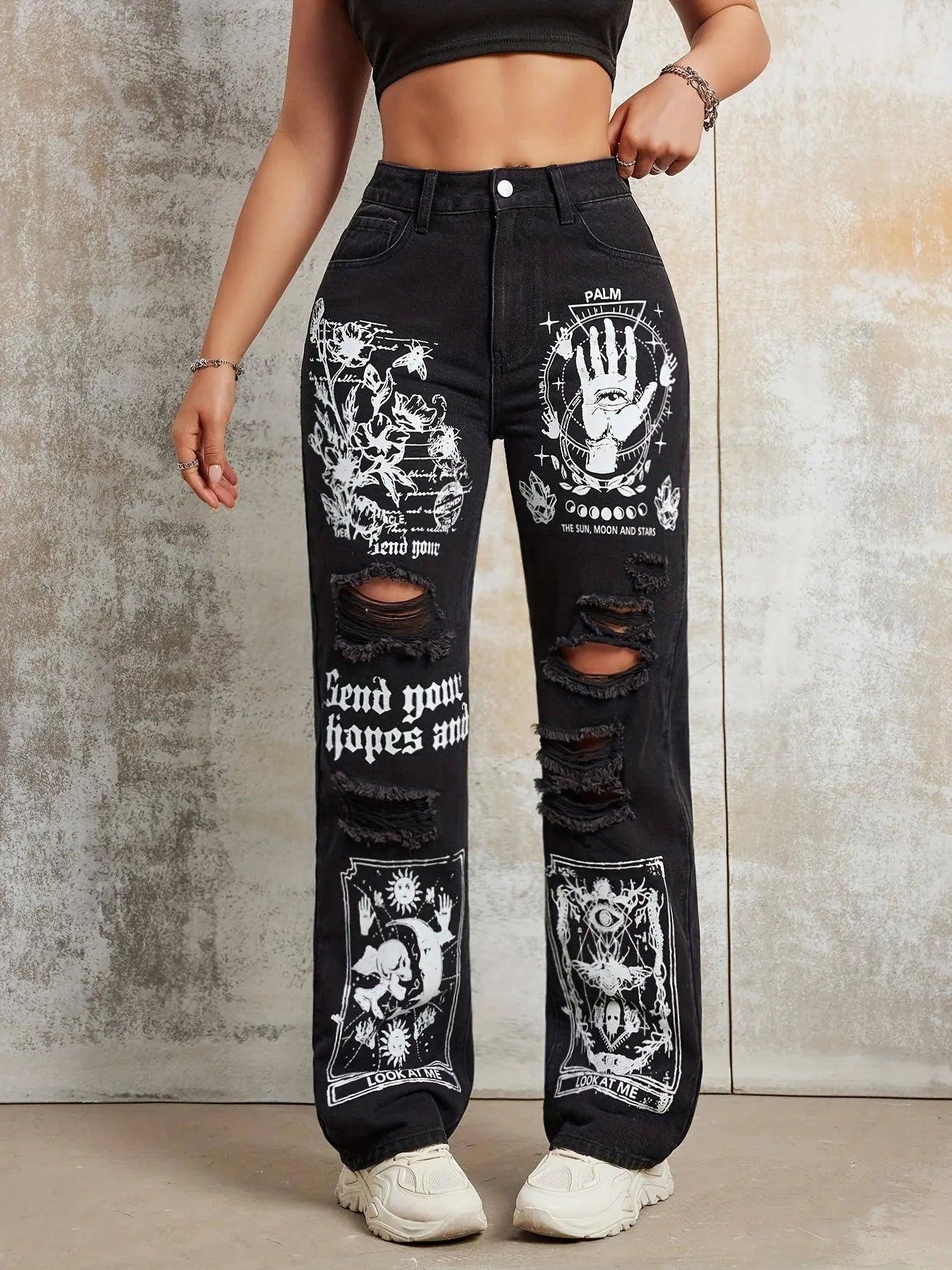 Gothic Skeleton Letter Moon Print Jeans, Ripped High Rise Straight Leg Punk Y2K Streetwear Denim Pants, Women's Denim Jeans & Clothing - Tophatter Daily Deals