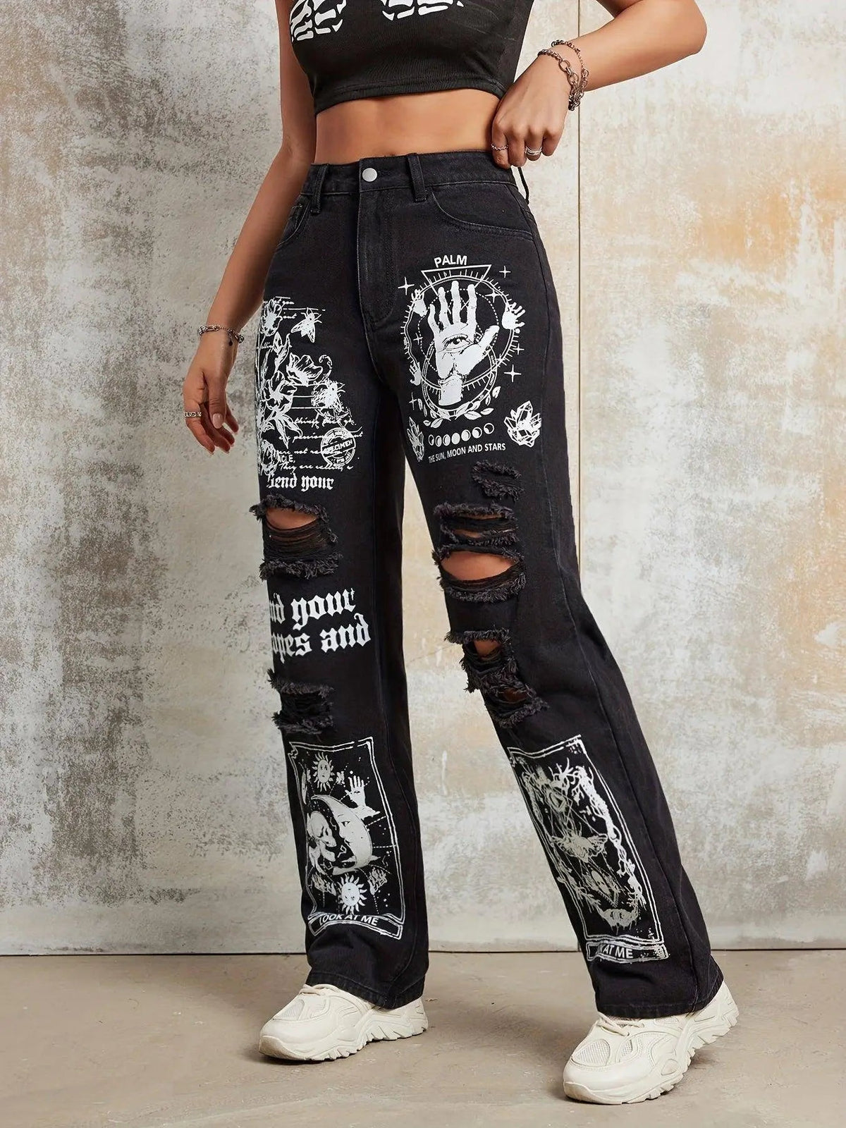 Gothic Skeleton Letter Moon Print Jeans, Ripped High Rise Straight Leg Punk Y2K Streetwear Denim Pants, Women's Denim Jeans & Clothing - Tophatter Daily Deals