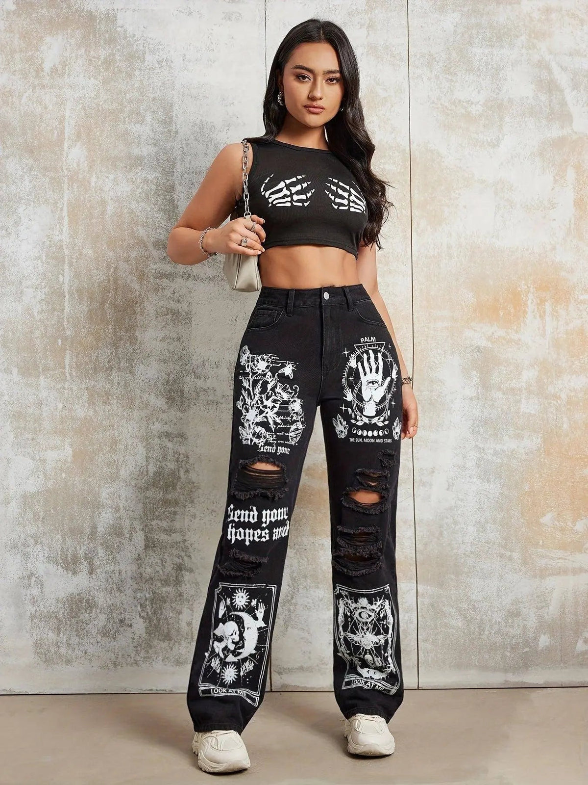 Gothic Skeleton Letter Moon Print Jeans, Ripped High Rise Straight Leg Punk Y2K Streetwear Denim Pants, Women's Denim Jeans & Clothing - Tophatter Daily Deals