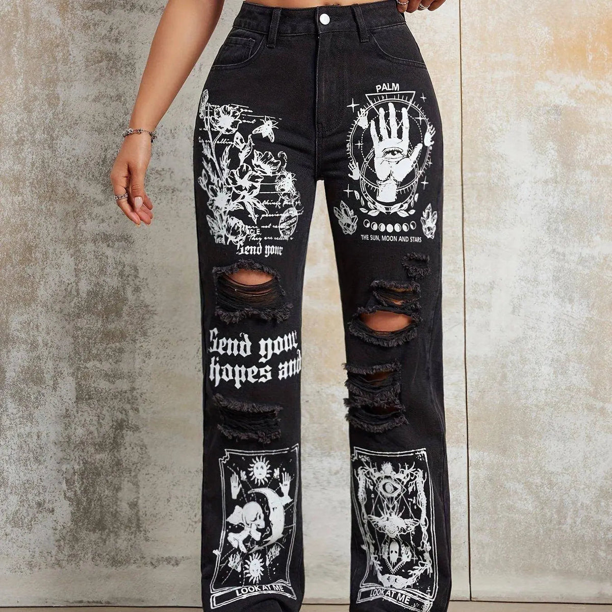 Gothic Skeleton Letter Moon Print Jeans, Ripped High Rise Straight Leg Punk Y2K Streetwear Denim Pants, Women's Denim Jeans & Clothing Black - Tophatter Daily Deals