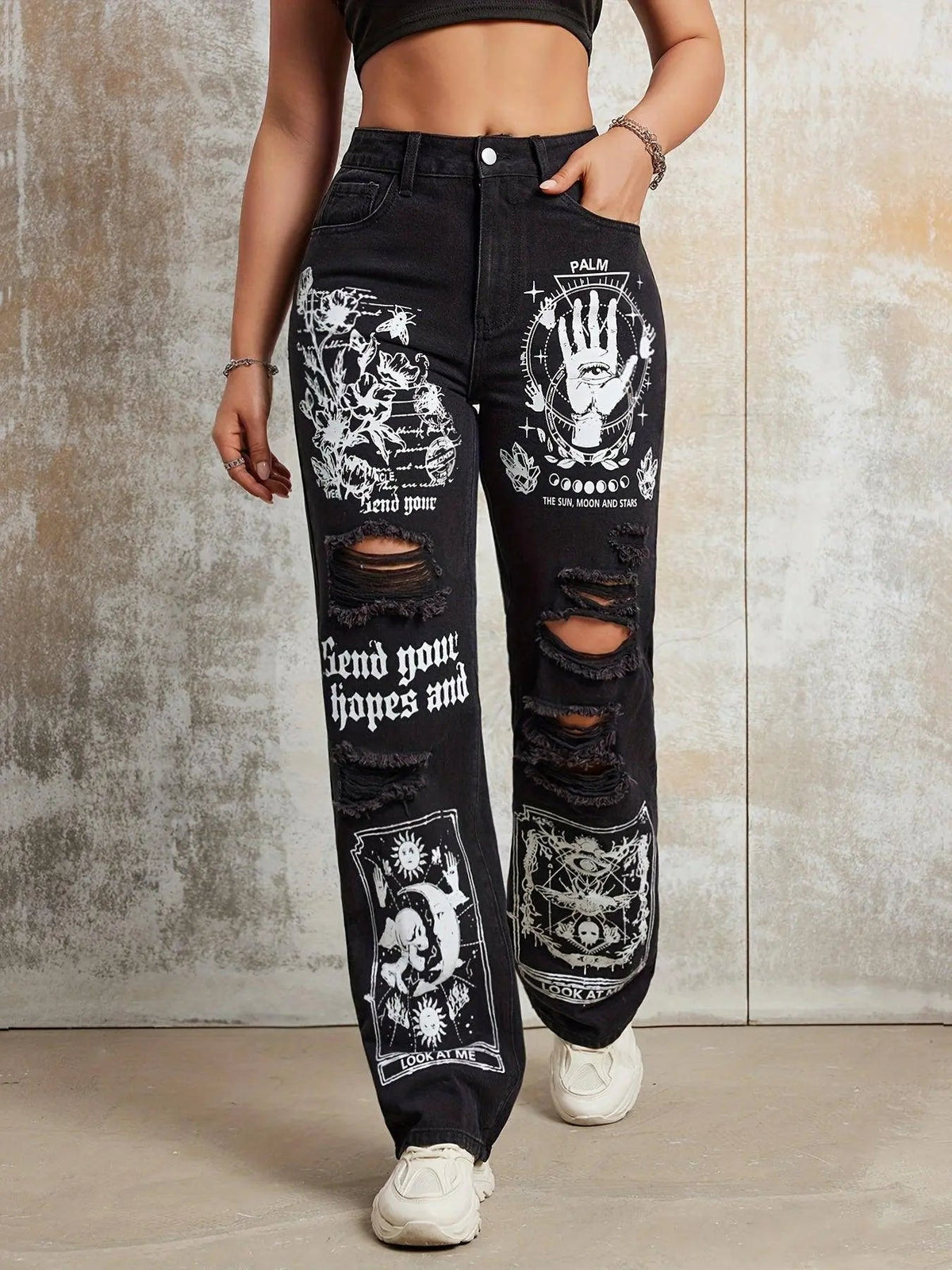 Gothic Skeleton Letter Moon Print Jeans, Ripped High Rise Straight Leg Punk Y2K Streetwear Denim Pants, Women's Denim Jeans & Clothing - Tophatter Daily Deals