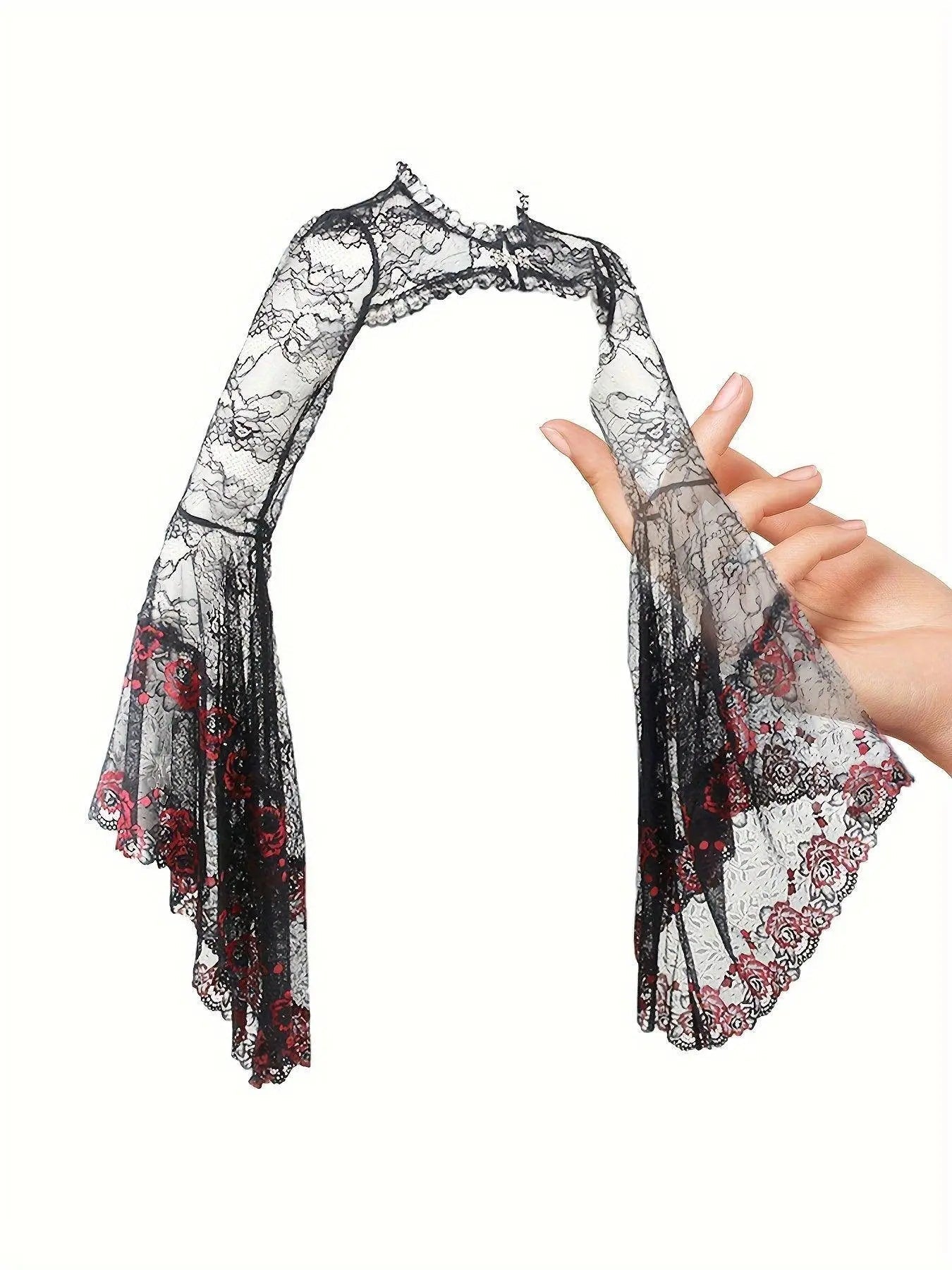 Gothic Style Semi-transparent Guipure Lace Top, Vintage Flare Sleeve Shawl Top For Performance & Halloween, Women's Clothing - Tophatter Daily Deals