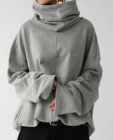 Oversized Women Turtleneck Sweatshirt - Funnel Neck, Cotton Gray - Tophatter Daily Deals
