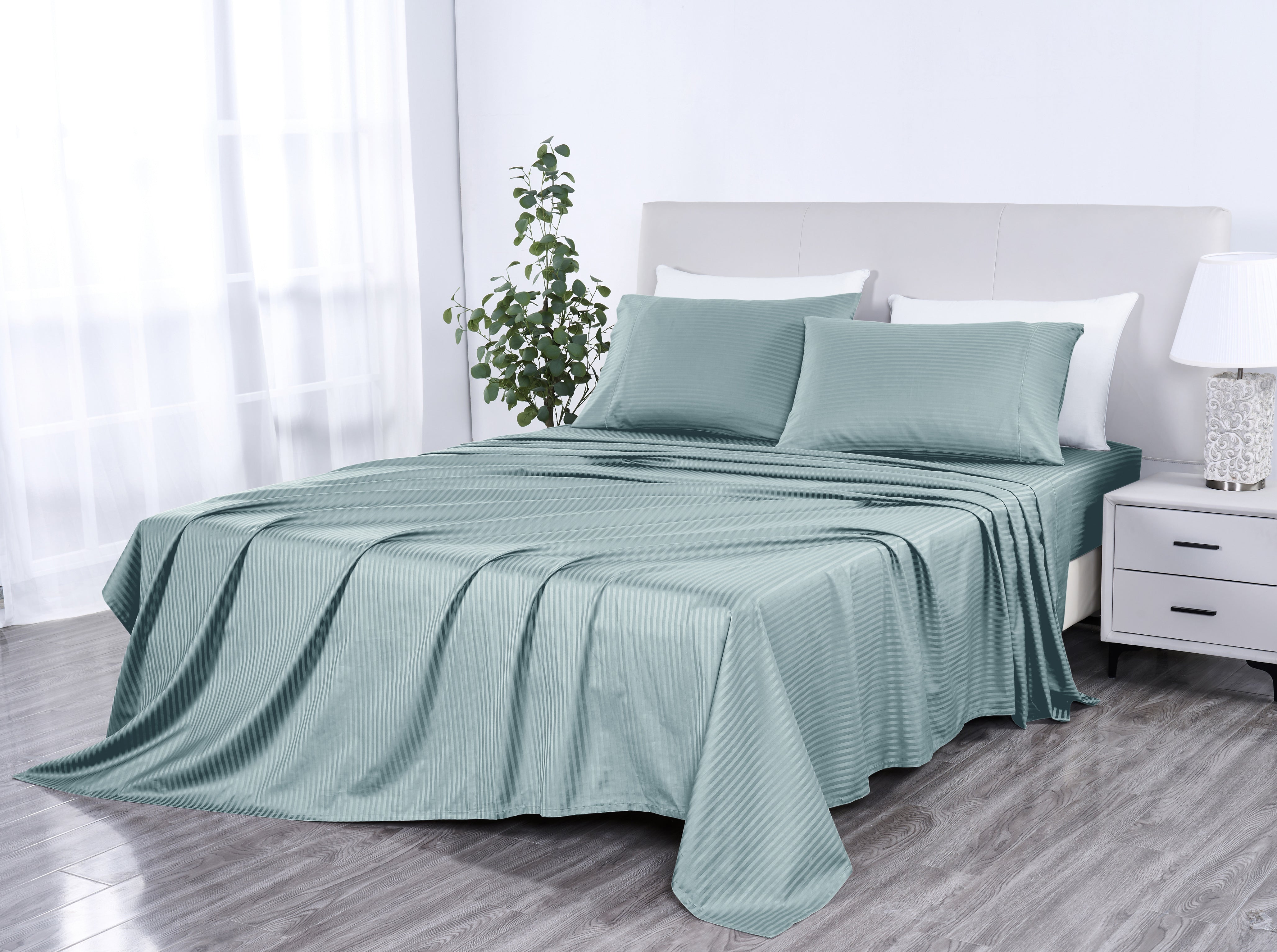Kathy Ireland 500 Thread Count Damask Stripe Sheet Set with Optifit Granite Green Bedding - Tophatter Daily Deals