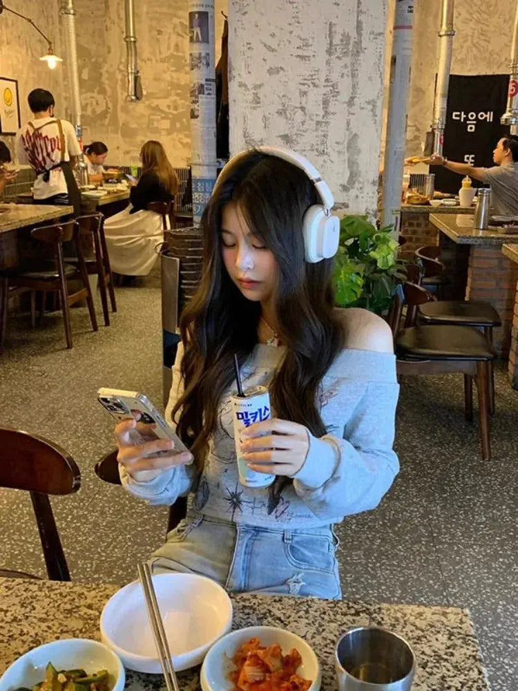 Gray Print T Shirts Women Clothing Long Sleeve Slash Neck Casual Tees Fashion Summer Camisetas Crop Tops Streetwear Sexy Tshirt - Tophatter Daily Deals