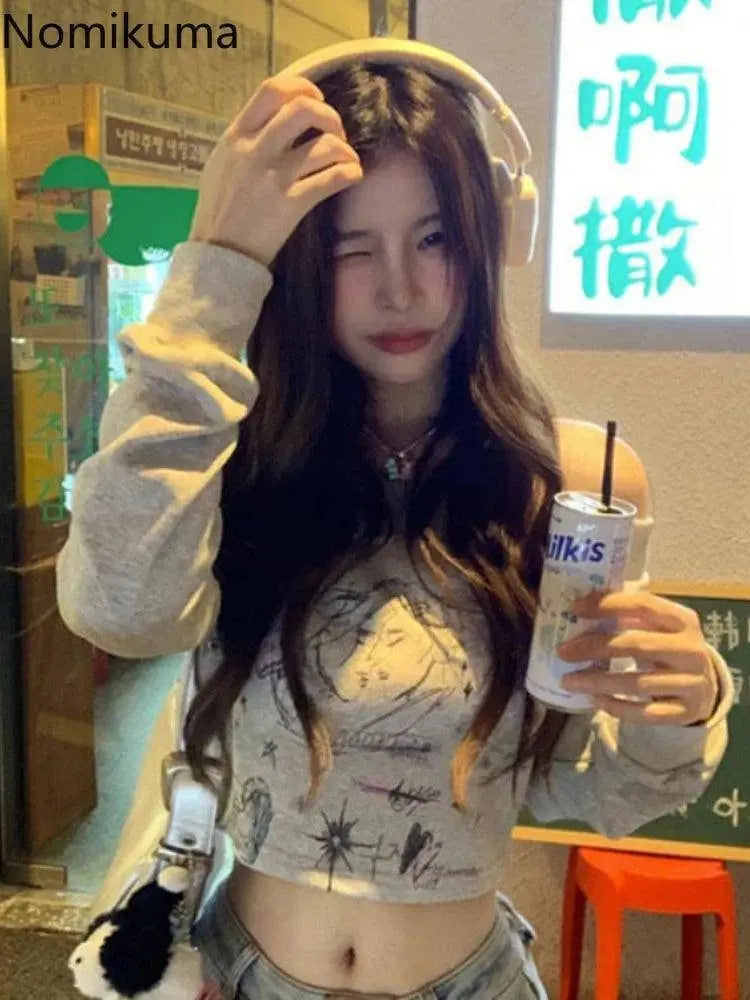 Gray Print T Shirts Women Clothing Long Sleeve Slash Neck Casual Tees Fashion Summer Camisetas Crop Tops Streetwear Sexy Tshirt - Tophatter Daily Deals