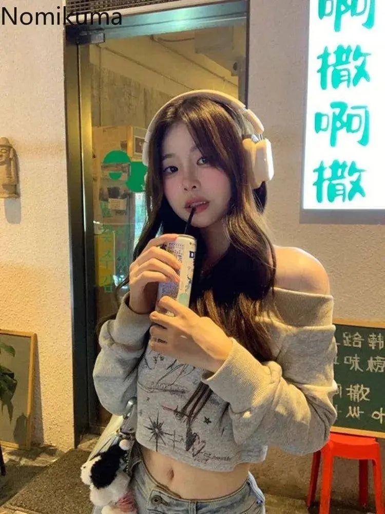 Gray Print T Shirts Women Clothing Long Sleeve Slash Neck Casual Tees Fashion Summer Camisetas Crop Tops Streetwear Sexy Tshirt - Tophatter Daily Deals