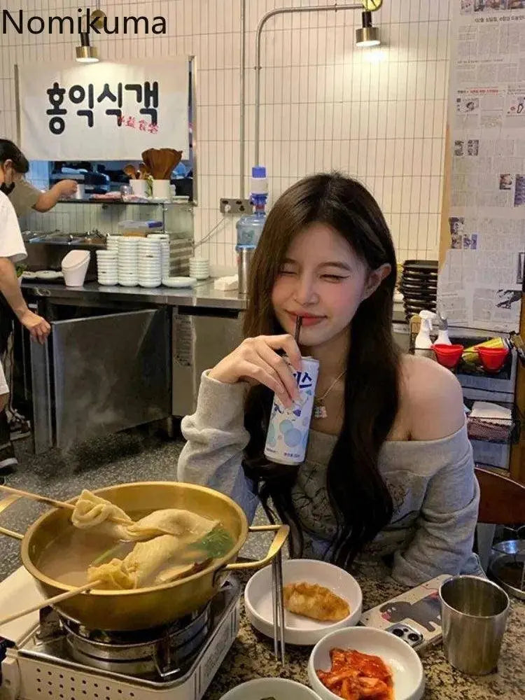 Gray Print T Shirts Women Clothing Long Sleeve Slash Neck Casual Tees Fashion Summer Camisetas Crop Tops Streetwear Sexy Tshirt - Tophatter Daily Deals