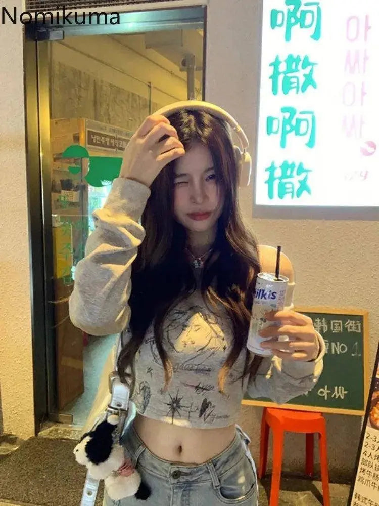 Gray Print T Shirts Women Clothing Long Sleeve Slash Neck Casual Tees Fashion Summer Camisetas Crop Tops Streetwear Sexy Tshirt - Tophatter Daily Deals