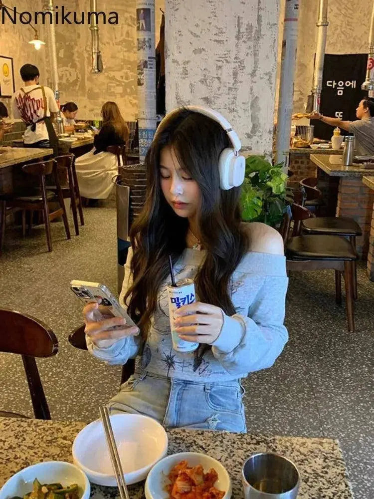 Gray Print T Shirts Women Clothing Long Sleeve Slash Neck Casual Tees Fashion Summer Camisetas Crop Tops Streetwear Sexy Tshirt - Tophatter Daily Deals