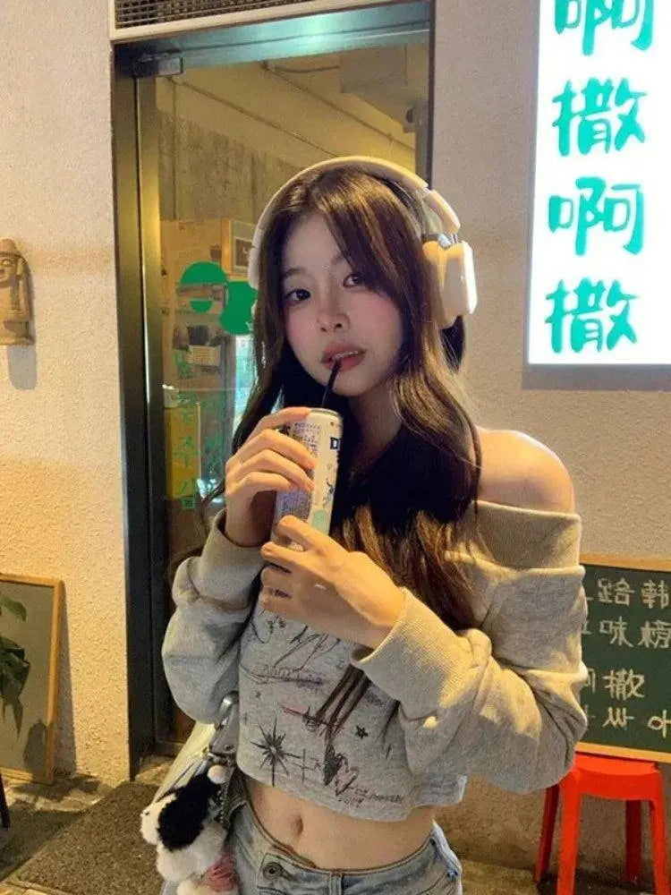 Gray Print T Shirts Women Clothing Long Sleeve Slash Neck Casual Tees Fashion Summer Camisetas Crop Tops Streetwear Sexy Tshirt - Tophatter Daily Deals