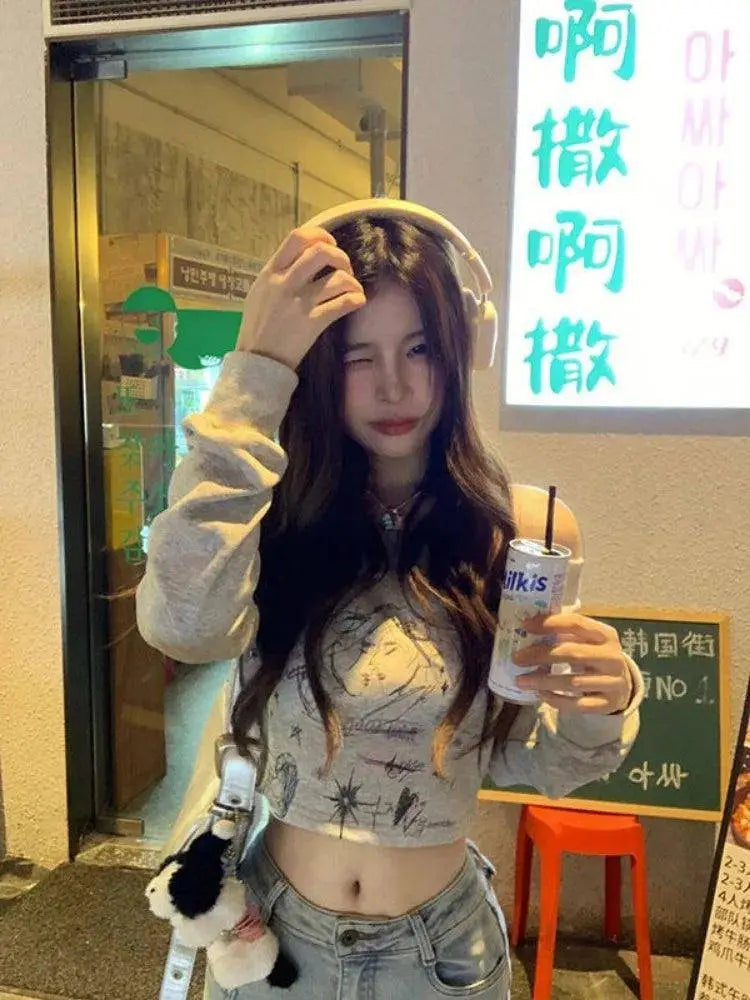 Gray Print T Shirts Women Clothing Long Sleeve Slash Neck Casual Tees Fashion Summer Camisetas Crop Tops Streetwear Sexy Tshirt - Tophatter Daily Deals