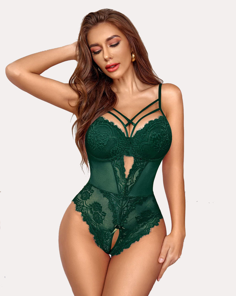 Floral Lace Harness Bodysuit (DE Only) Green Lingeries-Bodysuits - Tophatter Daily Deals