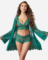3 Piece Lace Kimono Robe with Bra and Panty Green Lingerie Sets-Bra Sets - Tophatter Daily Deals