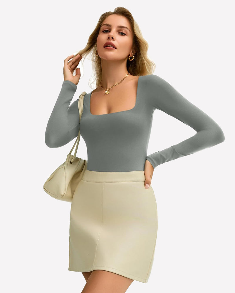 Double Lined Square Neck BodySuit Tops Shaperwear-bodysuit - Tophatter Daily Deals