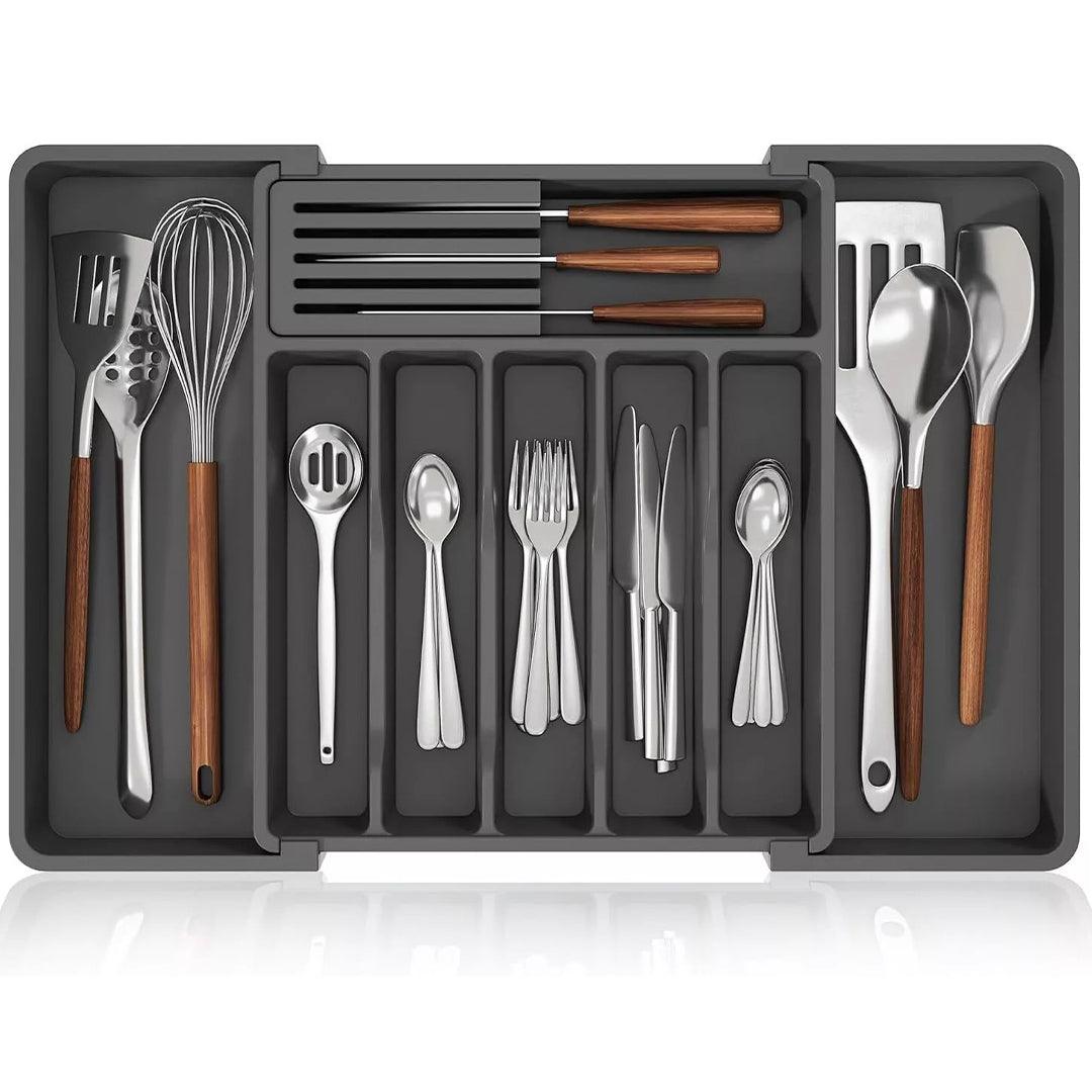 Cutlery Tray For Drawer - Extendable Drawer Organiser Insert For Kitchen Utensils Storage Gray Household - Tophatter Daily Deals