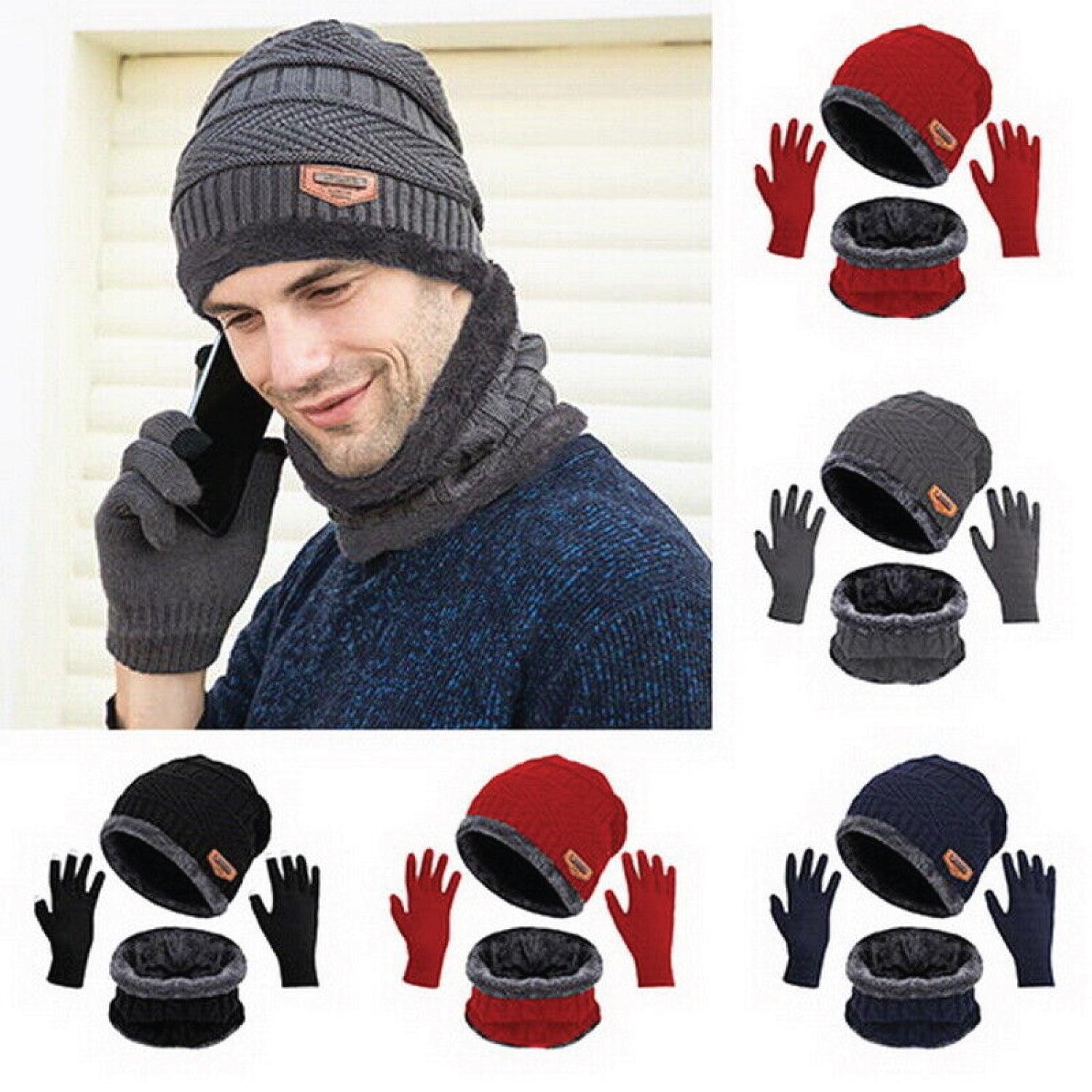 Hat Scarf and Gloves Set - 3pcs Mens Winter Thermal Beanie Knit Hat Glove Neck Scarf Set Men Ski Snow Caps Winter Warm - Tophatter Daily Deals