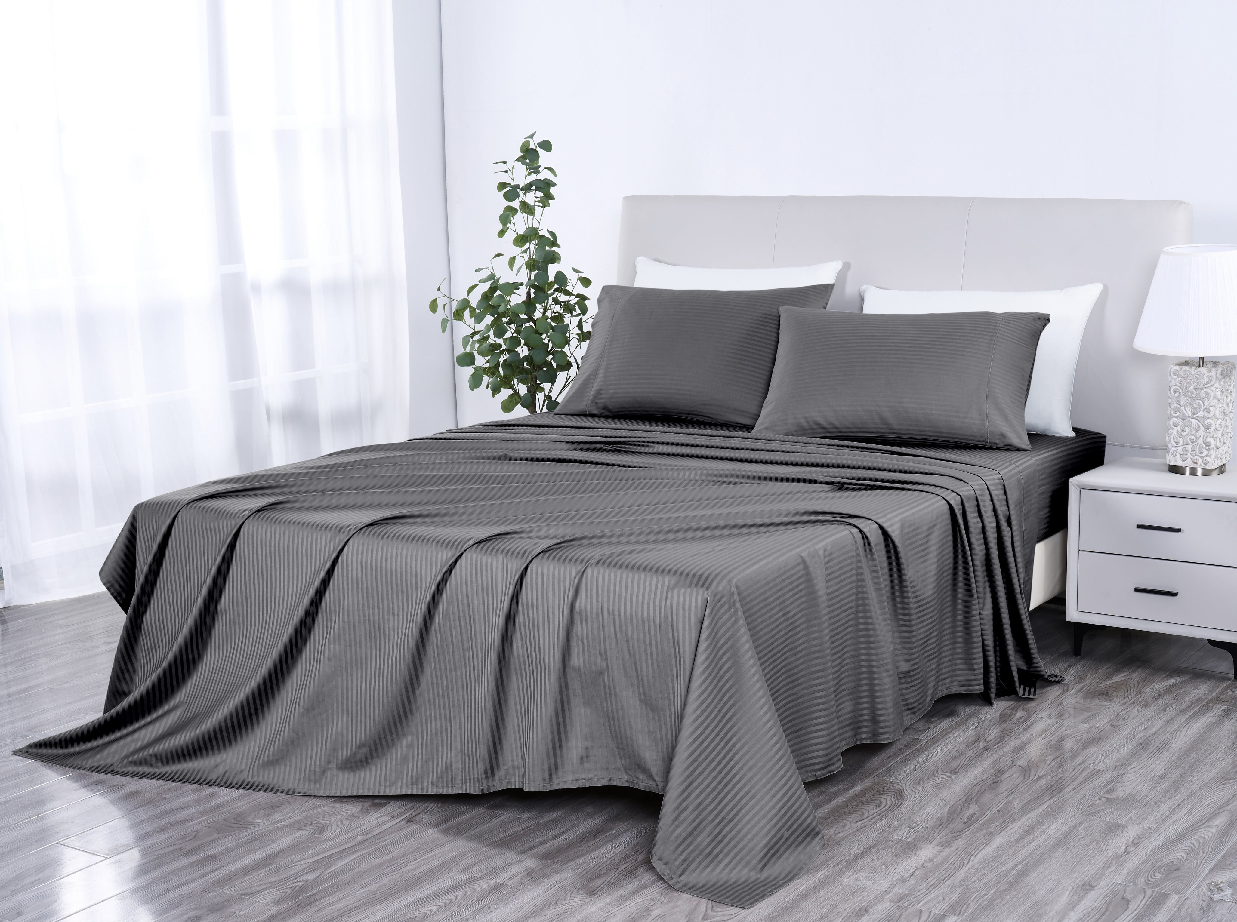 Kathy Ireland 500 Thread Count Damask Stripe Sheet Set with Optifit Grey Bedding - Tophatter Daily Deals