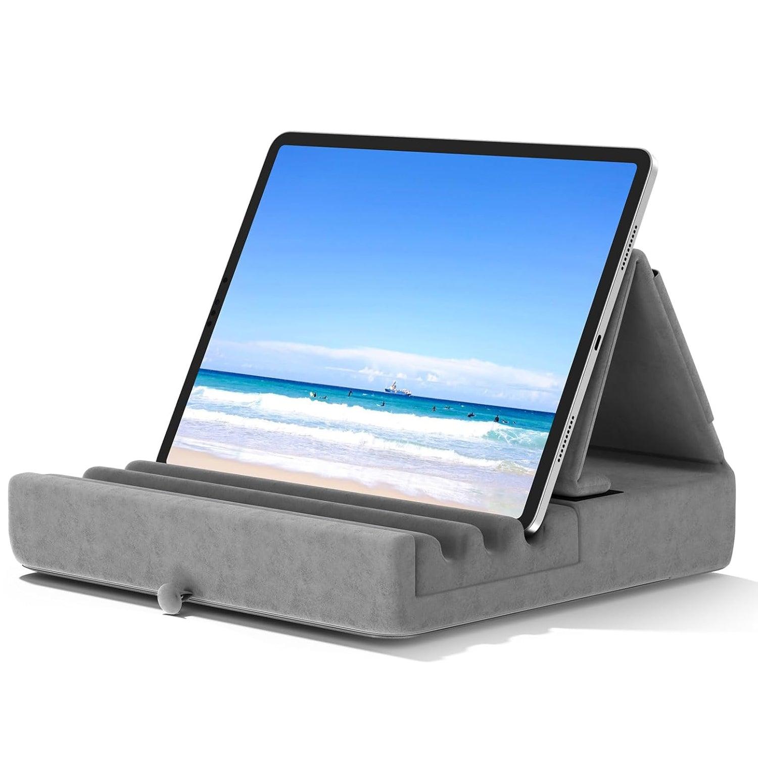 Tablet Pillow Stand - Foldable iPad Holder for Lap | Bed and Desk with Pocket & Stylus Mount Compatible with iPad Pro 12.9, 10.5, 9.7 Air Mini 6 5 4 3 Gray Apparel & Accessories - Tophatter Daily Deals
