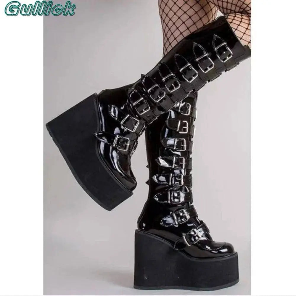 Gullick Punk Y2K Boots Platform Round Toe Colorful Knee-High Shoes Thick Heel Cover Heel Mental Buckle Long Boots New Fashion black - Tophatter Daily Deals