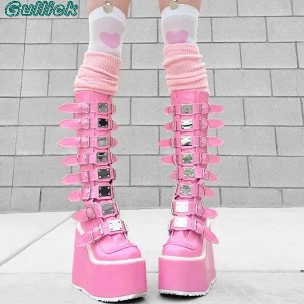 Gullick Punk Y2K Boots Platform Round Toe Colorful Knee-High Shoes Thick Heel Cover Heel Mental Buckle Long Boots New Fashion - Tophatter Daily Deals